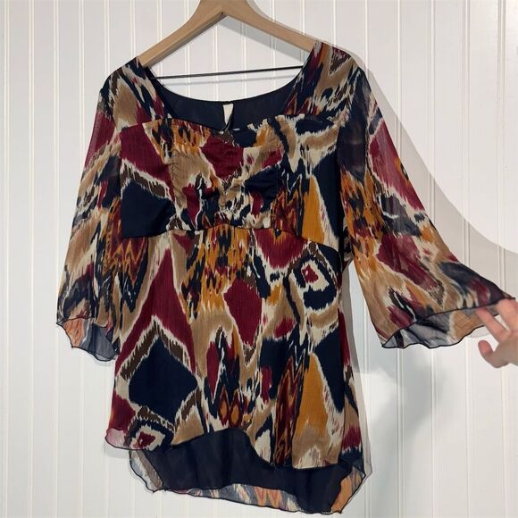 L.A. Blues 14/16 Boho Ikat Sheer Blouse Top Plus Size Chiffon Festival Retro Y2K - Picture 2 of 9